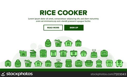 Rice Cooker Landing Web Page Header Banner Template Vector. Rice Cooker Electronic Device For Cooking Meal, Kitchen Utensil For Boil Illustrations. Rice Cooker Landing Header Vector