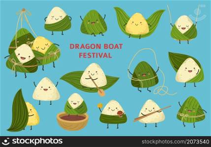 Rice dumpling characters. Dragon boat festival, asian food. Chinese cartoon zongzi and leaves, festive child stickers exact vector set. Illustration oriental asian rice, comic traditional character. Rice dumpling characters. Dragon boat festival, asian cute dumplings food. Chinese cartoon zongzi and leaves, festive child stickers exact vector set