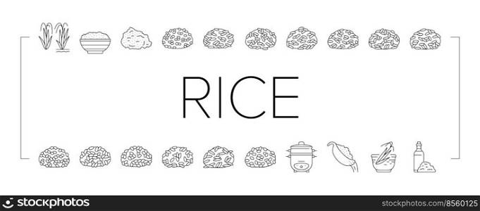 Rice For Preparing Delicious Food Icons Set Vector. Valencia And Basmati, Jasmine And Brown Rice Grain. Cooker Electronic Gadget For Cooking And Boiling Tasty Meal Black Contour Illustrations. Rice For Preparing Delicious Food Icons Set Vector