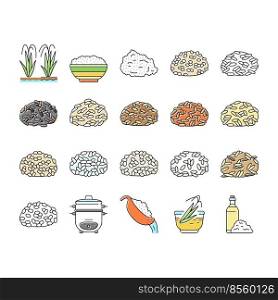 Rice For Preparing Delicious Food Icons Set Vector. Valencia And Basmati, Jasmine And Brown Rice Grain. Cooker Electronic Gadget For Cooking And Boiling Tasty Meal Color Illustrations. Rice For Preparing Delicious Food Icons Set Vector