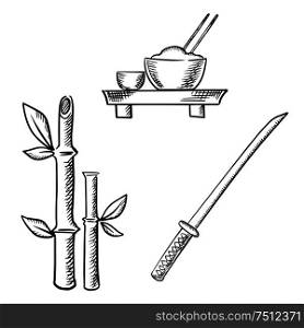 Rice in bowl with chopsticks and sake on floor table, bamboo stems with leaves and samurai katana sword isolated on white background. Sketch images for japanese culture and travel themes design. Rice, sake, bamboo and samurai katana