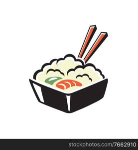 Rice with shrimp and avocado isolated japanese food. Vector bowl and chopsticks, seafood dish. Bowl of rice with shrimp and chopsticks