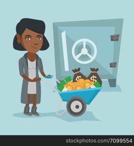 Rich african-american business woman depositing money in bank safe. Young business woman pushing wheelbarrow full of money on the background of big safe. Vector cartoon illustration. Square layout.. Business woman depositing money in bank safe.