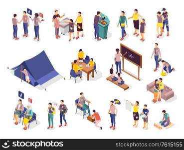 Rich and pool people in different situations isometric icons set 3d isolated vector illustration