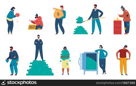 Rich and poor people, billionaire and homeless beggar character. Finance inequality, poverty, different social class characters vector set. Financial gap, big and low income or profit. Rich and poor people, billionaire and homeless beggar character. Finance inequality, poverty, different social class characters vector set