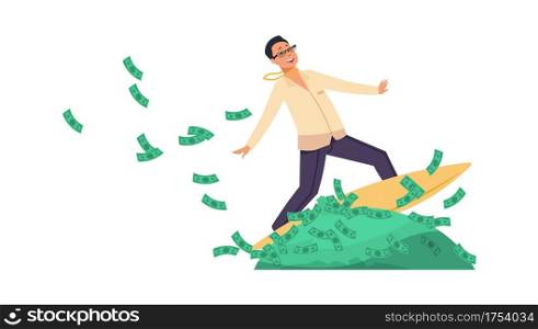 Rich banker. Cartoon happy wealthy man riding surfboard on heaps of green banknotes. Financial success concept. Lucky businessman makes profitable banking investments and deposits. Vector millionaire. Rich banker. Cartoon happy wealthy man riding surfboard on heaps of banknotes. Financial success concept. Businessman makes profitable banking investments and deposits. Vector millionaire