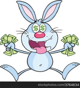 Rich Blue Rabbit Cartoon Character Jumping With Cash