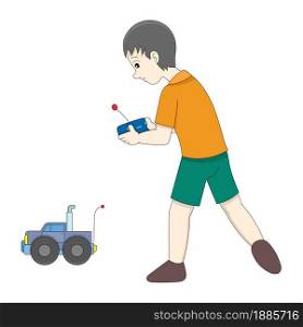 rich boy is playing remote control car alone. vector design illustration art