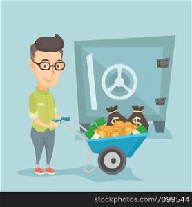 Rich business man depositing his money in bank in the safe. Caucasian business man pushing wheelbarrow full of money on the background of big safe. Vector flat design illustration. Square layout.. Business man depositing money in bank in safe.