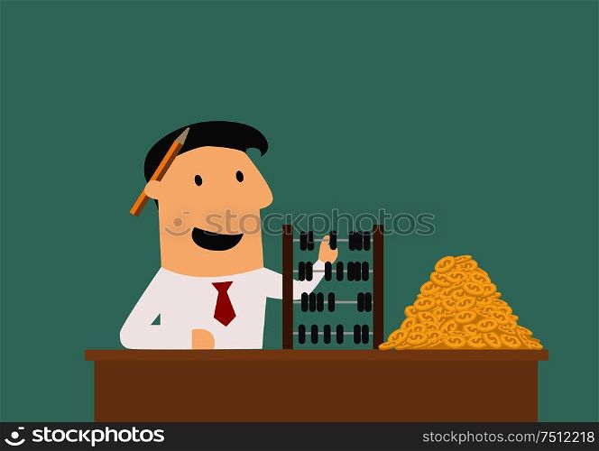 Rich businessman counting with wooden abacus a big pile of golden coins, for wealth concept design. Cartoon flat style. Businessman counting money with abacus