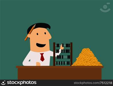 Rich businessman counting with wooden abacus a big pile of golden coins, for wealth concept design. Cartoon flat style. Businessman counting money with abacus