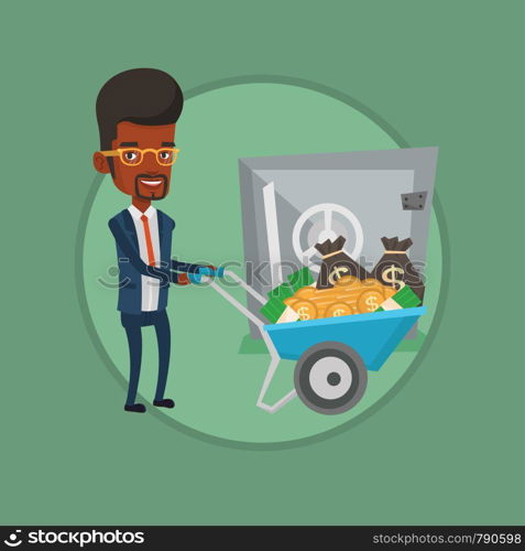 Rich businessman depositing his money in bank in the safe. Businessman pushing wheelbarrow full of money on the background of safe. Vector flat design illustration in the circle isolated on background. Businessman depositing money in bank in the safe.