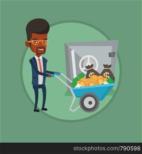Rich businessman depositing his money in bank in the safe. Businessman pushing wheelbarrow full of money on the background of safe. Vector flat design illustration in the circle isolated on background. Businessman depositing money in bank in the safe.