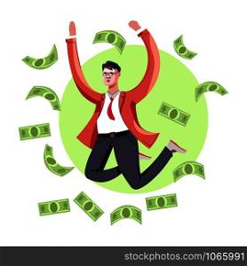 Rich businessman in suit jumping with dollar bills isolated icon man with glasses and mustache and money banknotes flying around happiness and profit earnings and successful business wealth vector.. Rich businessman in suit jumping with dollar bills isolated icon