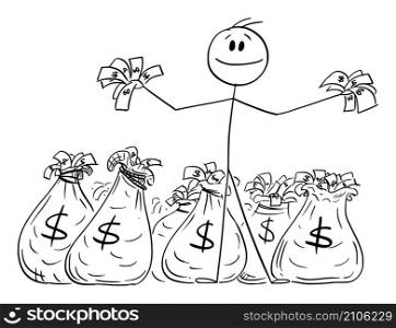 Rich businessman or wealthy person with bags or money or dollars, vector cartoon stick figure or character illustration.. Rich Person or Businessman With bags or Dollars or Money, Vector Cartoon Stick Figure Illustration