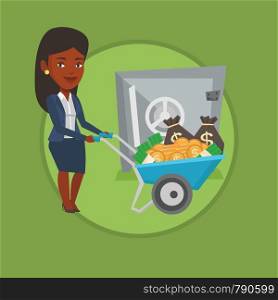 Rich businesswoman depositing money in bank in the safe. Businesswoman pushing wheelbarrow full of money on the background of safe. Vector flat design illustration in the circle isolated on background. Business woman depositing money in bank in safe.