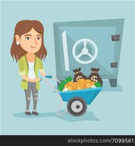 Rich caucasian business woman depositing her money in bank safe. Young business woman pushing wheelbarrow full of money on the background of big safe. Vector cartoon illustration. Square layout.. Business woman depositing money in bank safe.