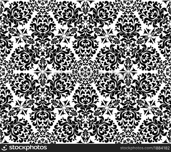 Rich damask ornament seamless pattern. Black and white. Decorative texture. Mehndi patterns. For fabric, wallpaper, venetian pattern,textile, packaging.. Rich damask ornament seamless pattern.
