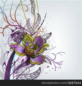 rich floral background with a single blooming orchid and fantasy plants