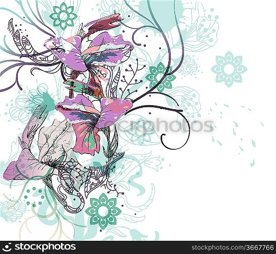 rich floral background with mottled flowers and abstract plants