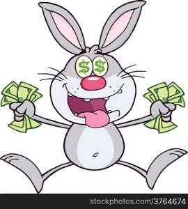 Rich Gray Rabbit Cartoon Character Jumping With Cash