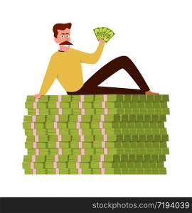 Rich guy. Happy wealthy businessman sitting on stack of money, vector finance cash pile with man. Rich guy. Happy wealthy businessman sitting on stack of money, vector pile cash with man
