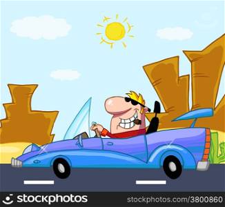 Rich Man Drives Convertible In Front Western Landscape