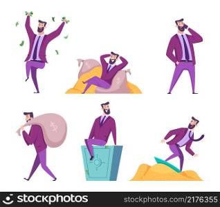 Rich man. Millionaire businessman with self treasures money dollars happy lifestyle exact vector characters in action poses. Businessman success, income and successful wealthy illustration. Rich man. Millionaire businessman with self treasures money dollars happy lifestyle exact vector characters in action poses