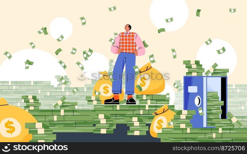 Rich man standing under money rain. Millionaire or successful businessman with stacks of cash, bills bundles, full money bags, safe and falling banknotes bundles, vector flat illustration. Rich man standing under money rain