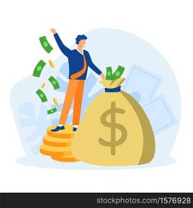 Rich manager with bag of money concept. Huge financial profits and successful economy gold coins and paper cash reserves successful professional management vector jackpot.. Rich manager with bag of money concept. Huge financial profits and successful economy.