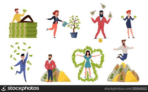 Rich men and women. Wealthy people bathing in money, finance profits. Cash banknote dollar moneybags luxury lifestyle cartoon isolated vector falling finances set. Rich men and women. Wealthy people bathing in money, finance profits. Cash banknote dollar moneybags luxury lifestyle cartoon vector set