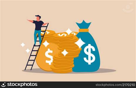 Rich money person and career increase for business people. Stack gold coin with banking bag vector illustration concept. Finance growth and income investment. Success climbing to earning and future