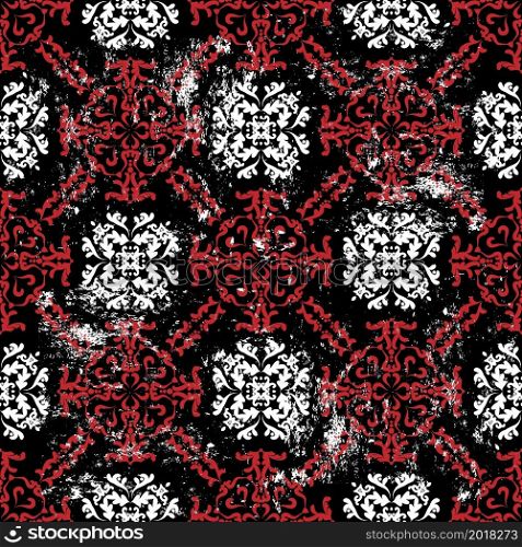 Rich oriental pattern in red and white on a black background. Vintage texture pattern. Seamless damask pattern. Vector illustration. For wallpaper, textile, tile or wrapping paper.. Rich oriental pattern in red and white on a black