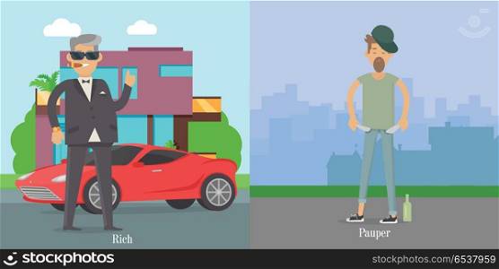 Rich Pauper Men. Difference Between Social Levels. Rich and pauper men. Vector illustration of differences between social levels of population. Successful and unfortunate, luxury and poverty, businessman and pleb. Can be used as social poster, banner.