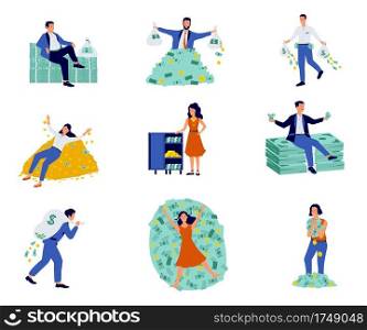 Rich people. Cartoon characters with mountains of cash and coins, isolated millionaire and billionaire set. Successful businessman with safes and bags full of money. Vector happy wealthy men and women. Rich people. Cartoon characters with mountains of cash and coins, millionaire and billionaire set. Successful businessman with safes and bags full of money. Vector wealthy men and women