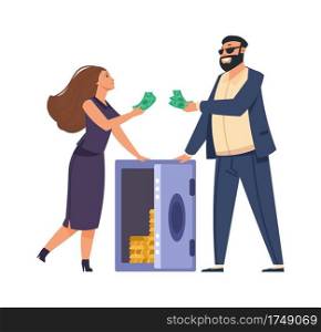 Rich people. Cartoon happy man and woman with metal safe full of money. Secure storage of gold bars and cash. Profitable investment or bank deposit. Isolated wealthy businessman, vector illustration. Rich people. Cartoon happy man and woman with metal safe full of money. Storage of gold bars and cash. Profitable investment or deposit. Isolated wealthy businessman, vector illustration