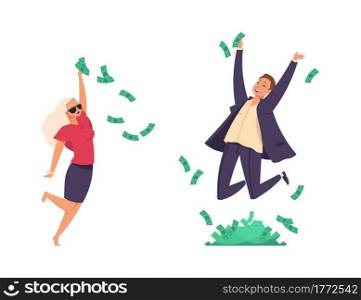 Rich people. Cartoon millionaires throwing banknotes and jumping. Flying paper money. Isolated happy man and woman won lottery. Joy of wealthy characters. Vector lucky couple having financial success. Rich people. Cartoon millionaires throwing banknotes and jumping. Flying paper money. Happy man and woman won lottery. Joy of wealthy characters. Vector couple having financial success