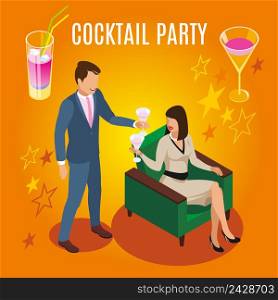 Rich people during cocktail party isometric composition on orange background with drinks and stars vector illustration. Cocktail Party Rich People Composition