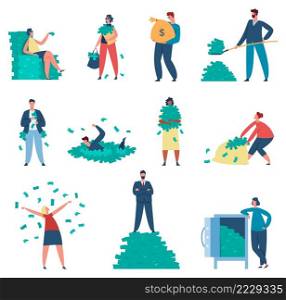 Rich people. Female and male characters with money sacks and safe. Man holding sack, shovel full of banknotes, standing on pile, swimming in earnings. Woman throwing cash vector set. Rich people. Female and male characters with money sacks and safe. Man holding sack, shovel full of banknotes