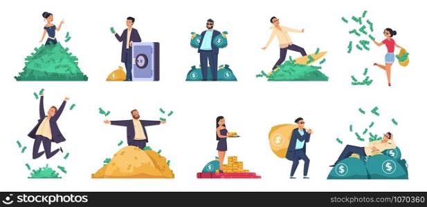 Rich people. Flat happy characters throwing and swimming in money, lying on a bed of money. Vector image isolated careless young cartoon people. Riches girl and guy with smile jumping and drags bag. Rich people. Flat happy characters throwing and swimming in money, lying on a bed of money. Vector careless young cartoon people