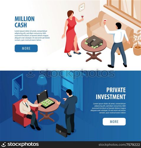 Rich people horizontal banners with million cash and private investment isometric compositions vector illustration