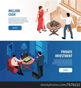 Rich people horizontal banners with million cash and private investment isometric compositions vector illustration