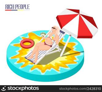 Rich people isometric composition with young woman lying in sun lounger and fanning herself with money fan vector illustration . Rich People Isometric Composition