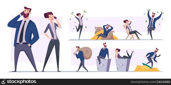 Rich people. Millionaire characters happy person with money golden coins luxury lifestyle exact vector flat illustrations. Character rich millionaire wealthy cartoon. Rich people. Millionaire characters happy person with money golden coins luxury lifestyle exact vector flat illustrations
