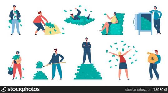 Rich people, millionaire characters with cash and money bags. Wealthy men and women throwing money bills, standing on dollar pile vector set. Business people earning fortune, income. Rich people, millionaire characters with cash and money bags. Wealthy men and women throwing money bills, standing on dollar pile vector set