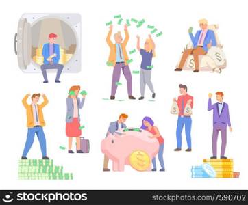 Rich people vector, set of man and woman saving money isolated investors and businesspeople. Pig with coins investment in future, banknotes assets. Rich People Happy to Have Pile of Money in Bank