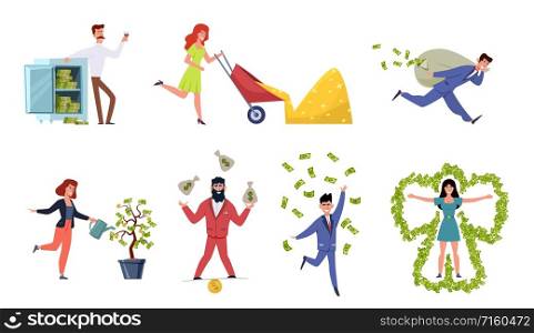 Rich people. Wealthy woman and millionaire man bathing in money, happy businessman magnate cash banknote dollar cartoon vector expensive business men set. Rich people. Wealthy woman and millionaire man bathing in money, happy businessman magnate cash banknote dollar cartoon vector set