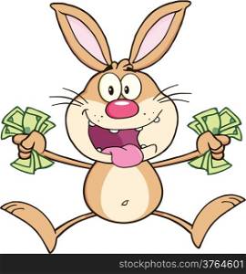 Rich Rabbit Cartoon Character Jumping With Cash.