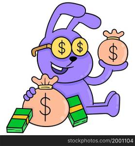 rich rabbit happy with money
