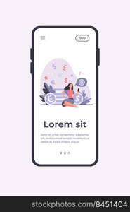 Rich woman sitting and using smartphone. Coin, money, investment flat vector illustration. Finance and transaction concept for banner, website design or landing web page